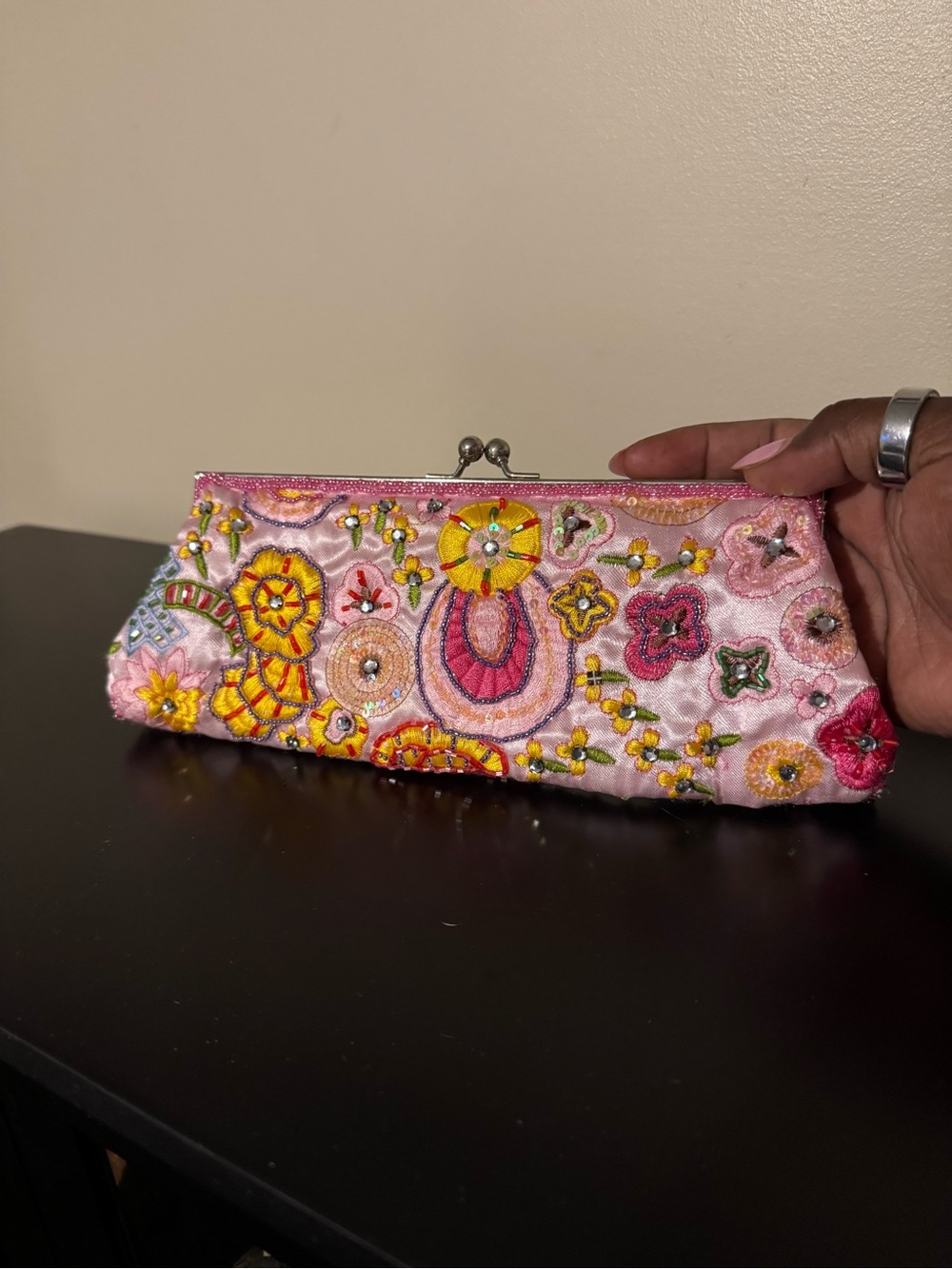 Nine West Pink Embroidered Floral Beaded Clutch